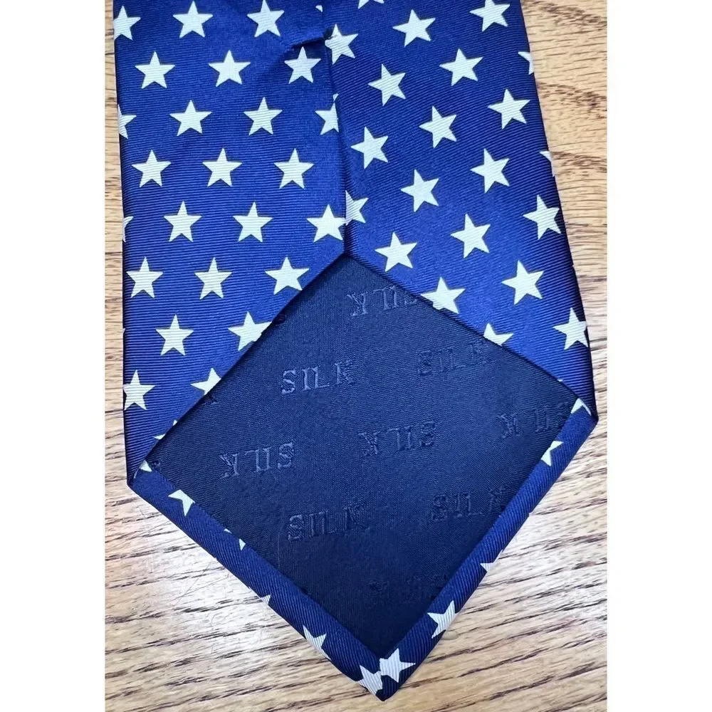 Milano Printed 100% Silk Neck Tie Navy Blue White Stars Patriotic USA America